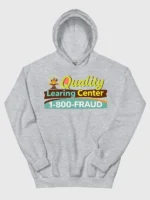 Front view of the grey Quality Learning Center pullover hoodie with a soft fleece lining.