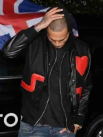 Chris Brown Black Bomber Jacket featuring a signature red heart chest graphic and a premium heavy-weight black finish.