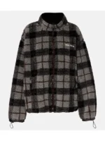 Front view of Rihanna grey plaid teddy fleece jacket showing zip closure, relaxed fit, and soft textured finish.