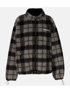 Front view of Rihanna grey plaid teddy fleece jacket showing zip closure, relaxed fit, and soft textured finish.
