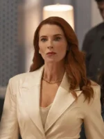 Monica Stevens The Rookie White Leather Coat featuring a front button closure.