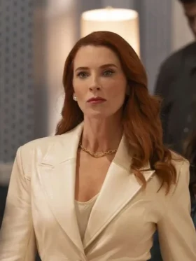 Monica Stevens The Rookie White Leather Coat featuring a front button closure.