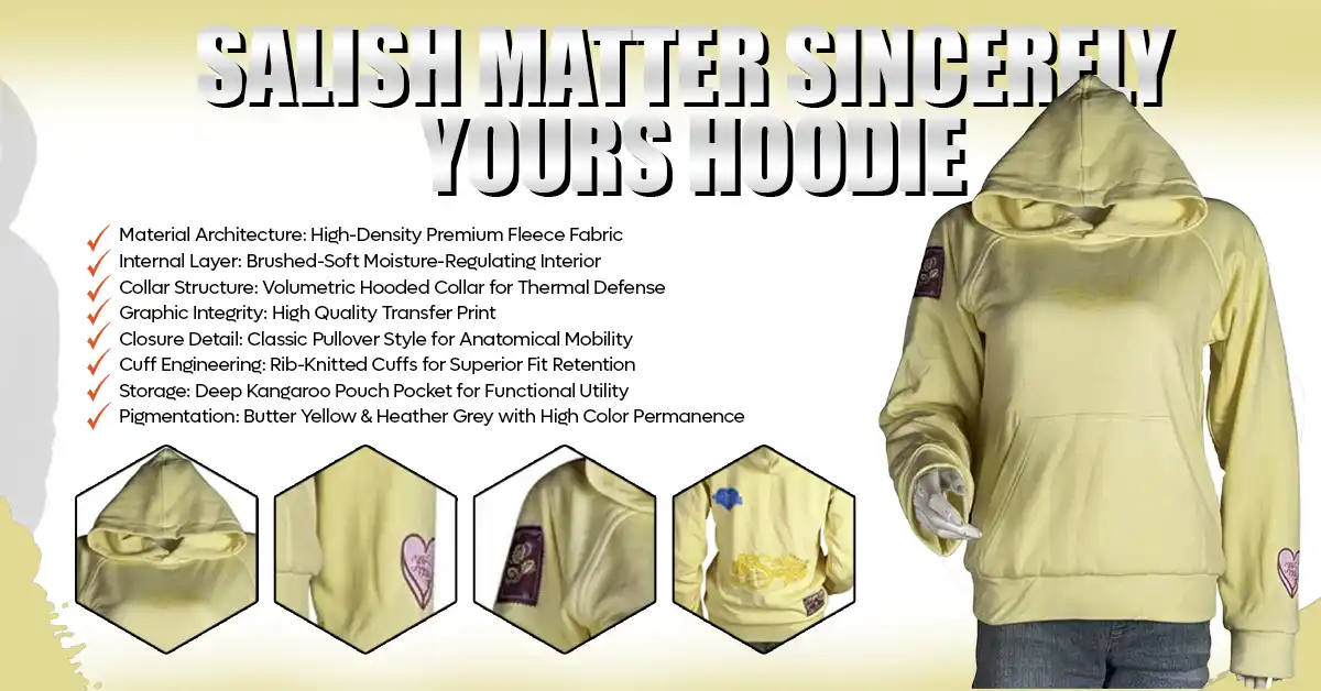 Technical infographic of the Salish Matter Sincerely Yours Hoodie.