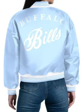 Buffalo Bills Fashion Script satin jacket in a full-length display.
