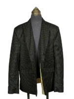 Front view of a formal men's blazer with two external waist pockets and a sleek lapel.