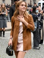 Emma Watson Summer Spring brown suede coat showing a close-up of the texture.