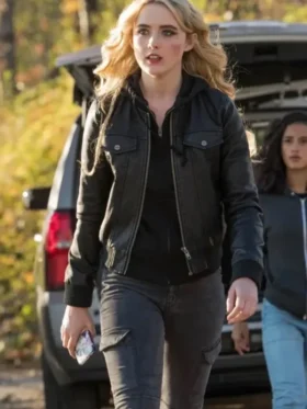 Claire Novak leather bomber jacket front view featuring a rugged black finish and a premium tailored silhouette for a high-status look.