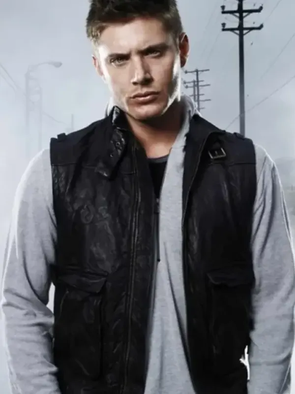 Supernatural-Dean-Winchester-Black-Leather-Vest Black Leather Vest inspired by a legendary screen look, featuring a sleeveless design and premium finish.