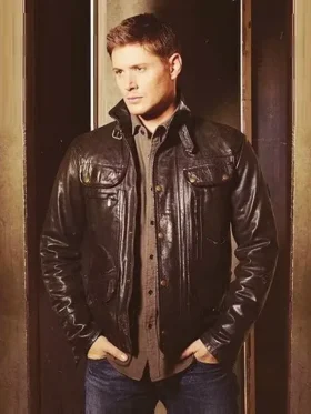 Dean Winchester inspired brown leather jacket with a distressed vintage finish and classic collar.