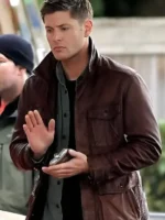 Supernatural inspired brown leather jacket featuring a classic distressed finish and rugged silhouette.
