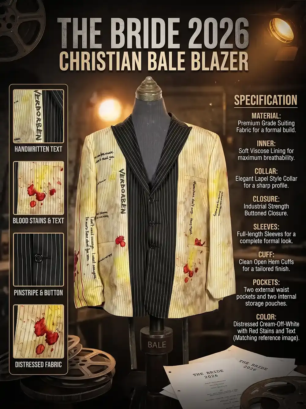An infographic showcasing a distressed cream-off-white blazer with handwritten text, faux-blood stains, black pinstripe panels and lapels, a buttoned front closure, and a soft viscose lining on a mannequin stand.