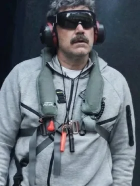 Close up of the heather gray tech fleece fabric and collar from the Maduro arrest tracksuit.