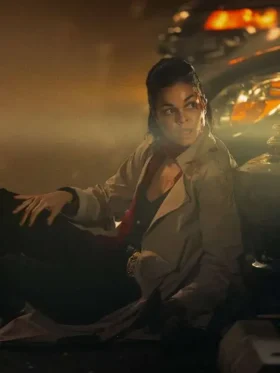 Lina Esco wearing a classic long trench coat in The Rip 2026, styled by TV Jackets.