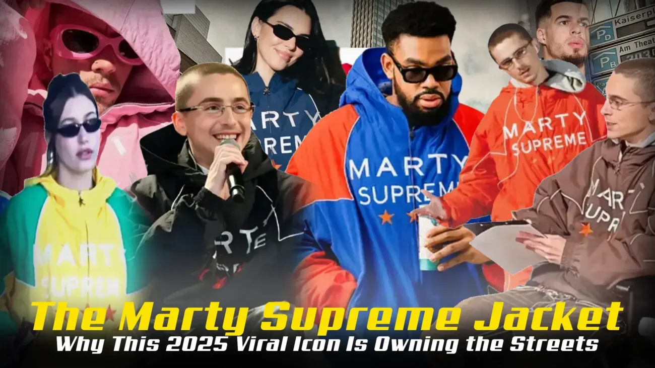 Timothée Chalamet and celebrities wearing the viral Marty Supreme jacket in various colors like pink, orange, and navy.