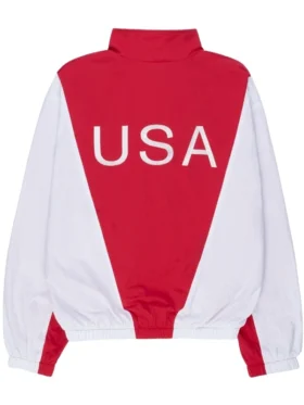 Red and white Marty Supreme jacket back view showing large USA print and sporty color-block panels.
