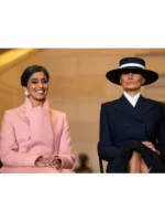 Usha Vance 2025 inauguration inspired pink coat with high shawl collar and waist belt styling.