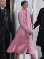 Full front view of Usha Vance inauguration pink coat inspired by her 2025 look with belted wrap closure.