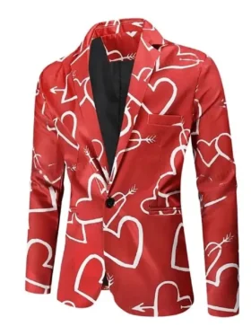 Hearts Printed Red Blazer showcasing a vibrant holiday aesthetic and a high-quality fabric drape for a premium ensemble.
