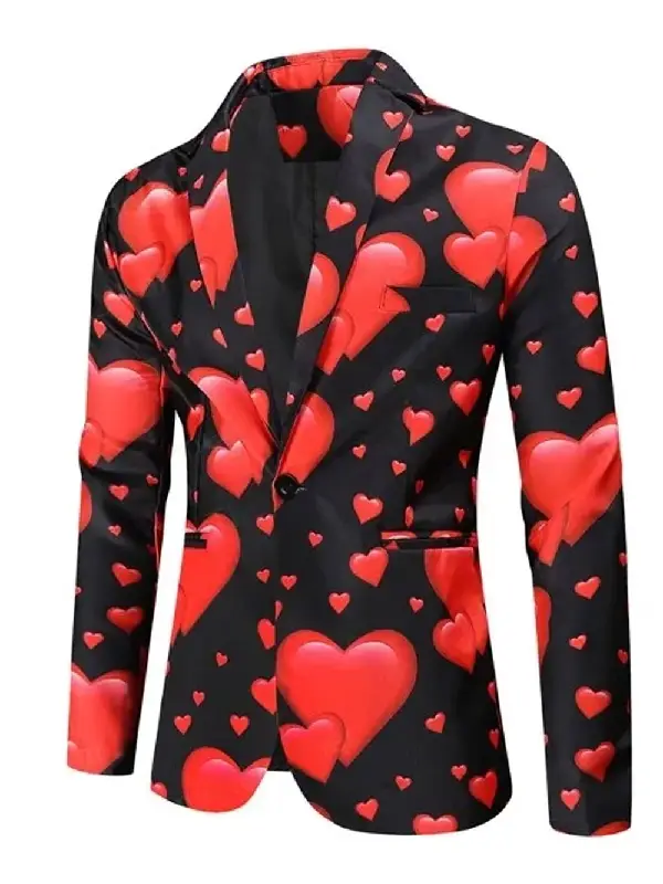 Valentines-Day-Hearts-Printed-Black-Blazer Hearts Printed Blazer in a high-contrast black and red colorway, perfect for upscale holiday celebrations and social events.