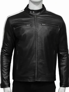 White Striped Black leather jacket with a modern racing design.