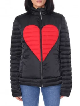 Red Heart Black Puffer Jacket showcasing high-contrast crimson heart stitching and a premium insulated quilted finish.