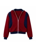 Haley Lu Richardson inspired red track jacket from the Twila Ponies 2026 collection featuring a premium scarlet finish and high-status silhouette.