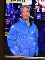 Close-up shot of the high-gloss blue fabric and stitching on the Andy Cohen New Year's 2026 jacket.
