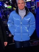 Full front view of the Andy Cohen blue puffer jacket with the hood on, inspired by CNN NYE 2026.