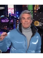 Andy Cohen blue jacket worn open to show the inner lining and styling options.