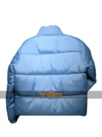 Back view of the Andy Cohen New Year's blue puffer jacket showing the insulated baffles.
