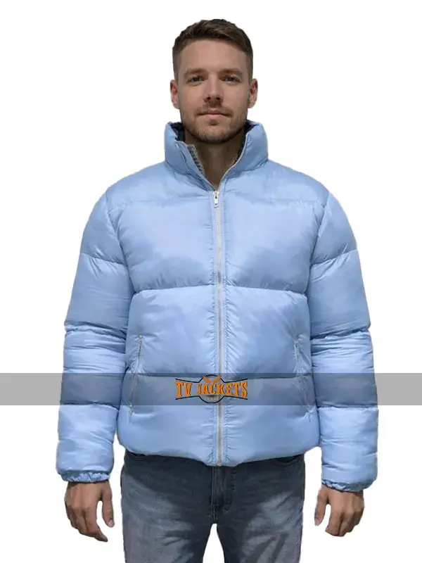 andy-cohen-new-years-blue-puffer-jacket-full-front-view Full front view of a male model wearing the Andy Cohen New Year's blue puffer jacket.