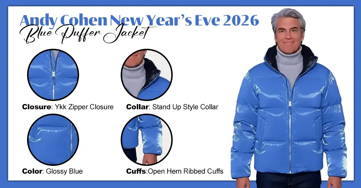 Infographic of the Andy Cohen blue puffer jacket showing the YKK zipper, collar, and ribbed cuffs.