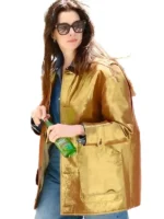 Anne Hathaway inspired gold metallic barn jacket with brown corduroy collar.