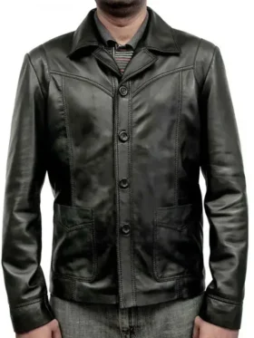 Front view of the Brad Pitt Se7en black leather detective coat with functional pockets.