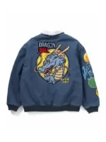 The back side view of the Breeze x Dragon Ball blue denim sherpa jacket showing the large graphic.