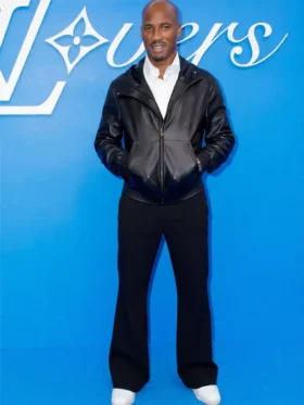 Full front view of the Didier Drogba inspired black hooded leather jacket.