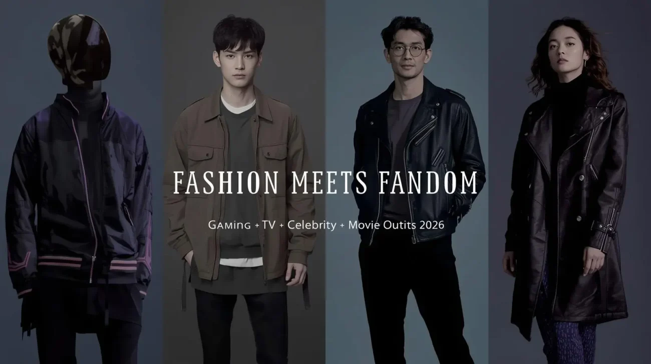 Fashion Meets Fandom 2026 banner featuring gaming, TV, celebrity, and movie inspired jacket styles.