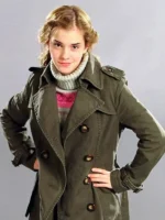 Harry Potter Emma Watson green coat featuring the front button closure.