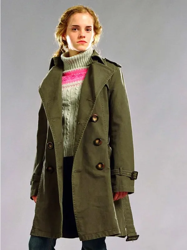 harry-potter-hermione-trench-coat In Front Of View Harry Potter Emma Watson green trench coat in a full front-view.