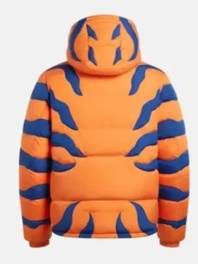 Back view of the Hypland x Digimon Greymon puffer jacket in orange at TV Jackets.