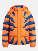 Full front view of the orange Greymon puffer jacket from the Digimon collection at TV Jackets.