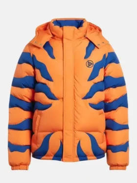Full front view of the orange Greymon puffer jacket from the Digimon collection at TV Jackets.
