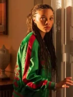 The Iris Affair Meréana Tomlinson green bomber jacket side-profile view.