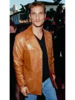 Matthew Mcconaughey Brown Leather Jacket in a full button-down design.