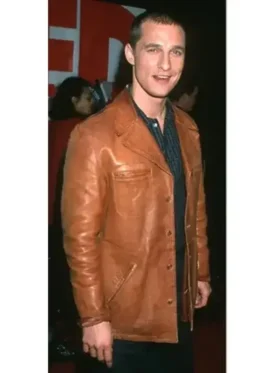Matthew Mcconaughey Brown Leather Jacket showing a detailed side profile.