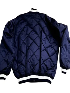 New York Yankees Navy Quilted Satin Jacket showing the side and back profile.