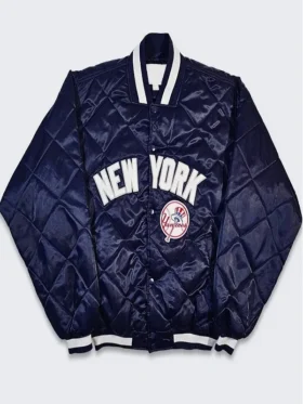 New York Yankees Navy Quilted Satin Jacket in a detailed front-view display.