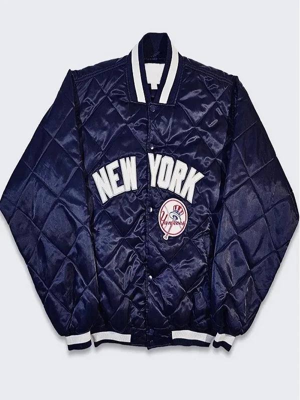 new-york-yankees-quilted-jacket In Front Of View New York Yankees Navy Quilted Satin Jacket in a detailed front-view display.