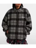 Rihanna grey plaid teddy fleece jacket with soft plush texture, zip closure, and modern relaxed streetwear silhouette.