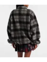 Back side view of grey plaid teddy fleece jacket showing relaxed drape, full coverage length, and clean checked pattern.